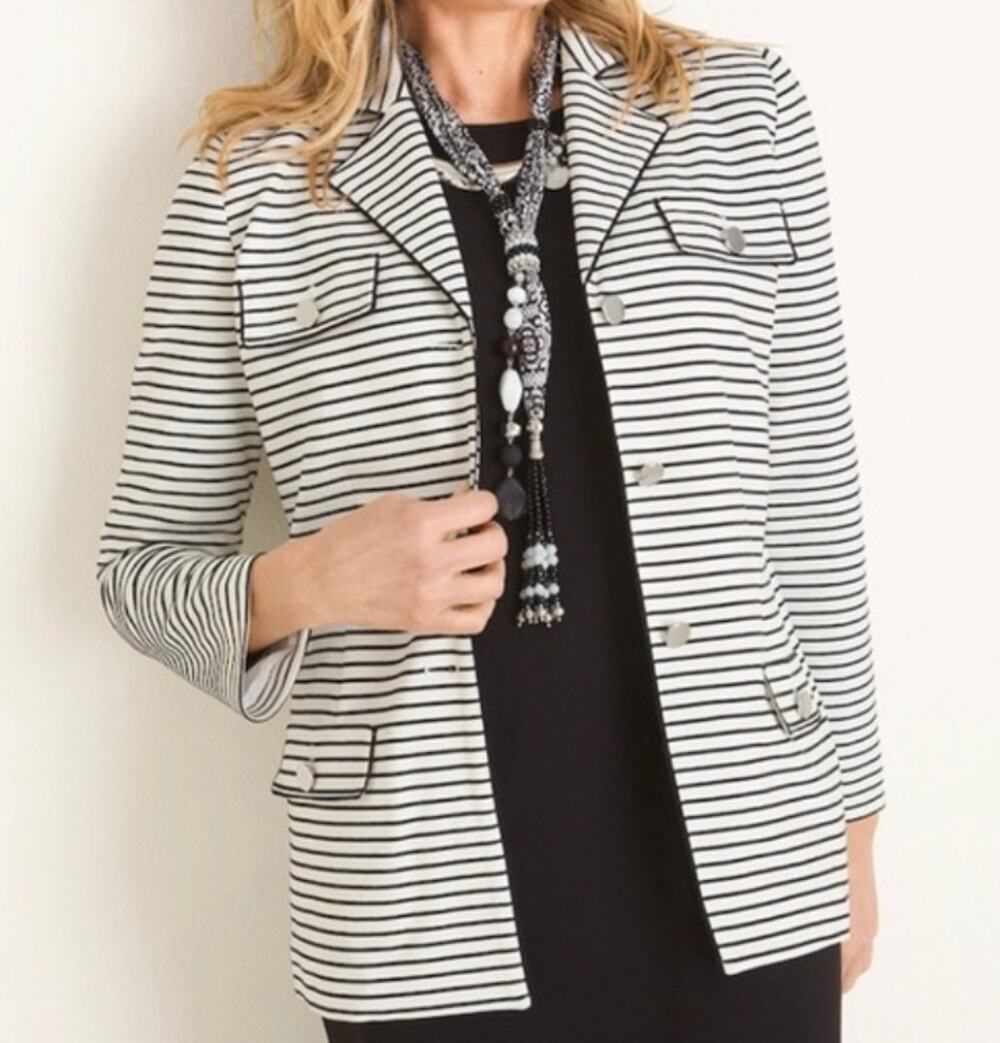 NWT Chico's Casual Knit Striped Jacket Blazer Work Attire, Size 7 $149